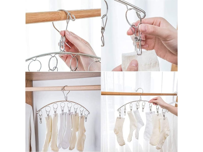 Crochets muraux lot de 3 sèche-linge en acier inoxydable avec 10 pinces pour chaussettes, sous-vêtements et petits articles, gris - Conforama C