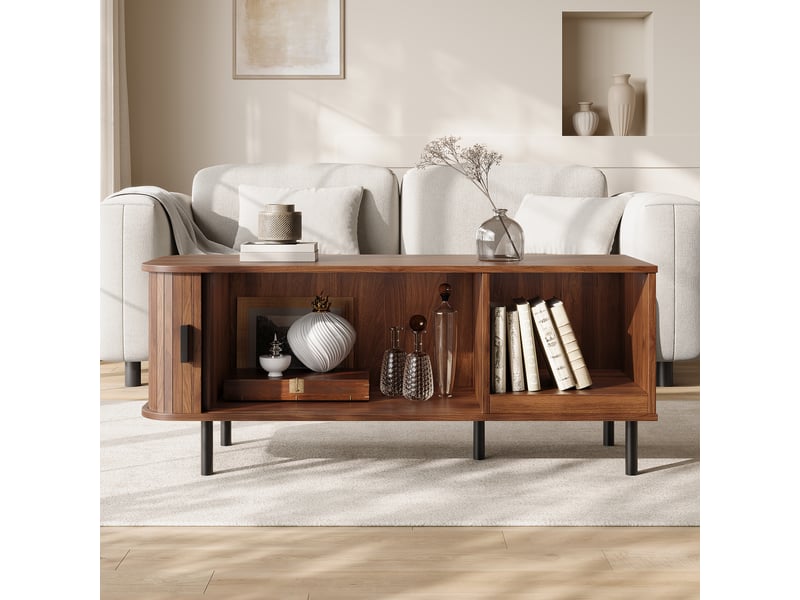 Table basse avec porte coulissante, table de salon moderne avec rangement, table d'appoint rectangulaire à lattes, table de chevet avec compartiment de rangement ouvert pour le salon - Conforama B