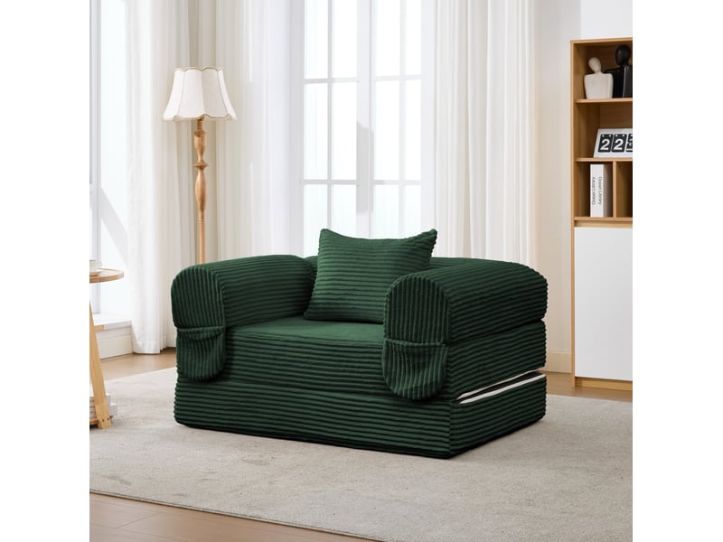  Canapé convertible 1 place en velours côtelé vert, fauteuil-lit compact avec coussin assorti, pour petit espace  - Conforama E