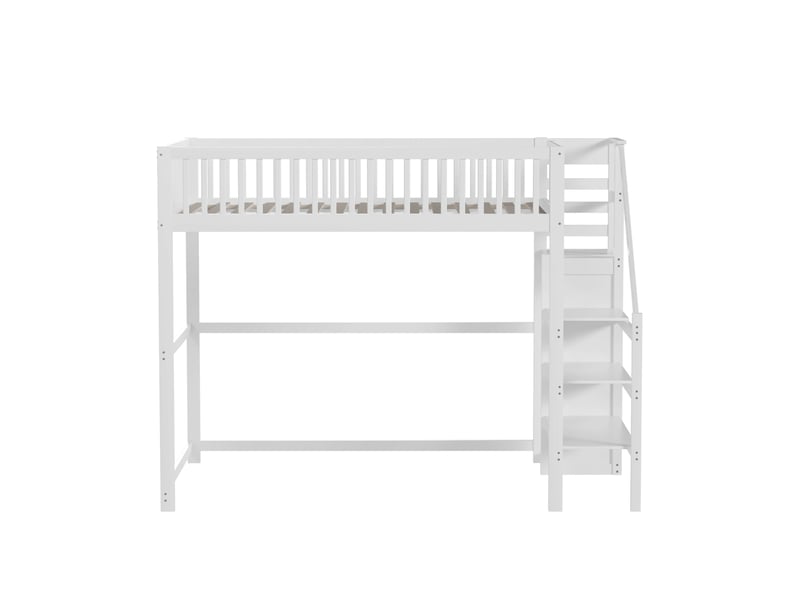 Lit mezzanine 140x200 avec escalier et armoire intégrée, lit enfant blanc en bois massif, gain de place pour chambre. - Conforama A