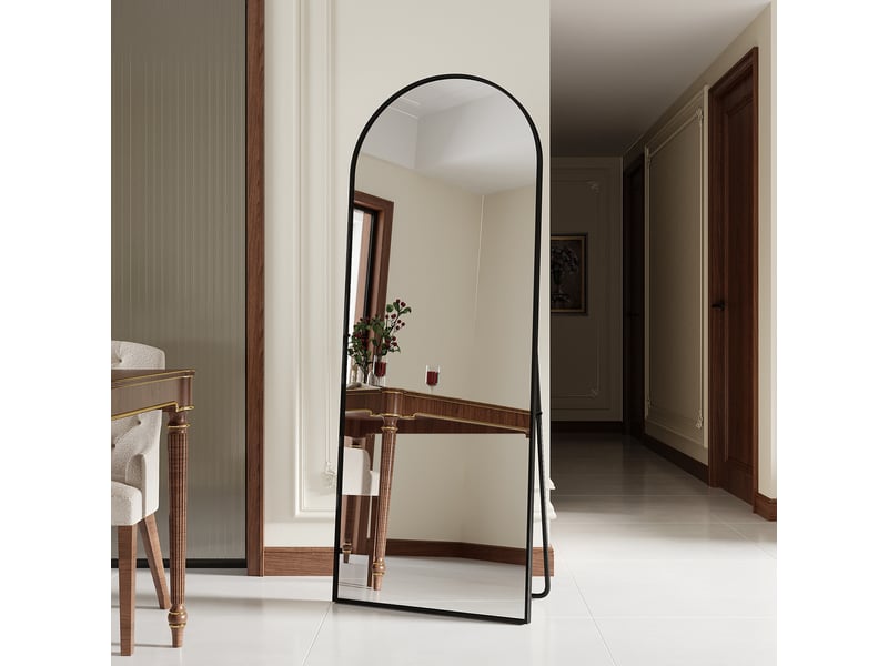  Miroir sur pied 165x60 cm,miroir mural arqué moderne,cadre en aluminium,pour salon,entrée,chambre,verre trempé hd,noir  - Conforama E