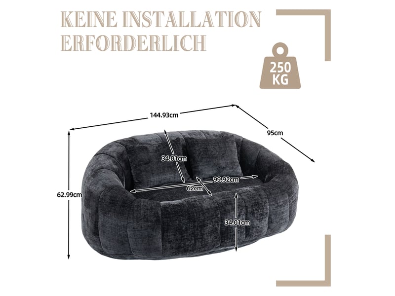  Canapé droit 2 places 144,93x95x62,99 cm, fauteuil poire confort, meuble de salon, chambre et bureau, chenille, noir  - Conforama C