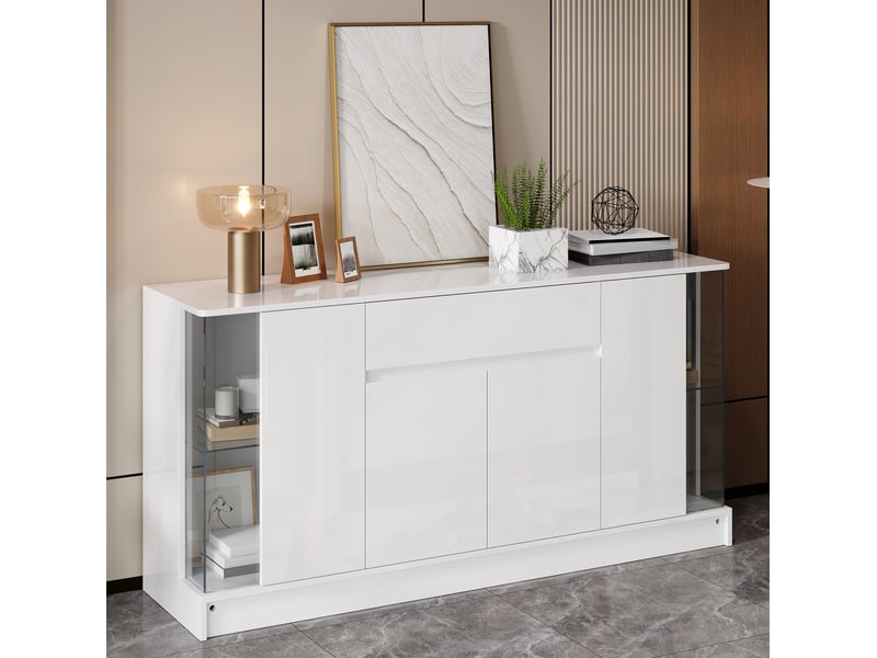  Buffet 150x40x75 cm avec vitrines led, portes et tiroir blanc brillant  - Conforama D