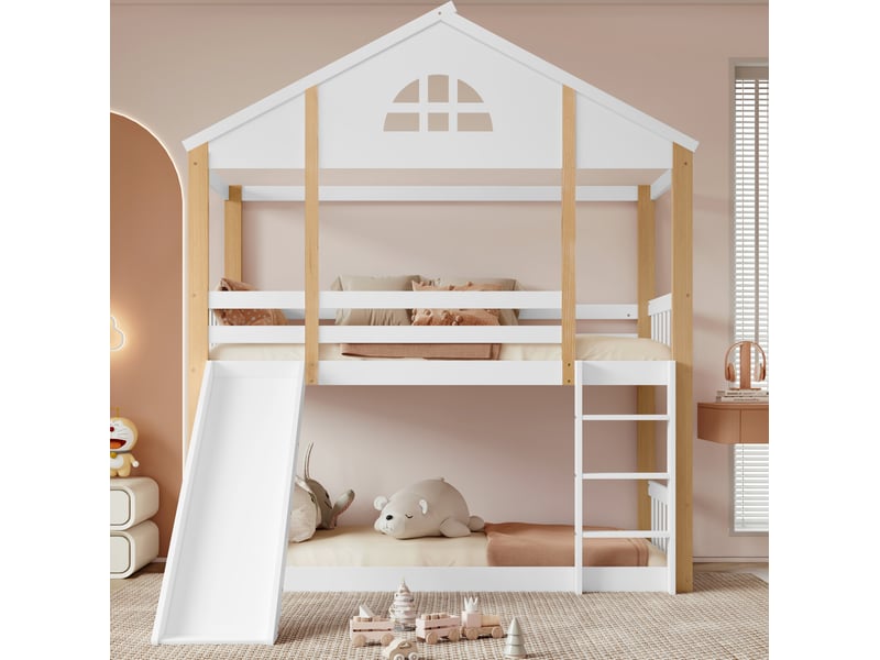  Lit superposé enfant 90x200 cm avec toboggan, échelle et barrières, blanc et naturel  - Conforama D