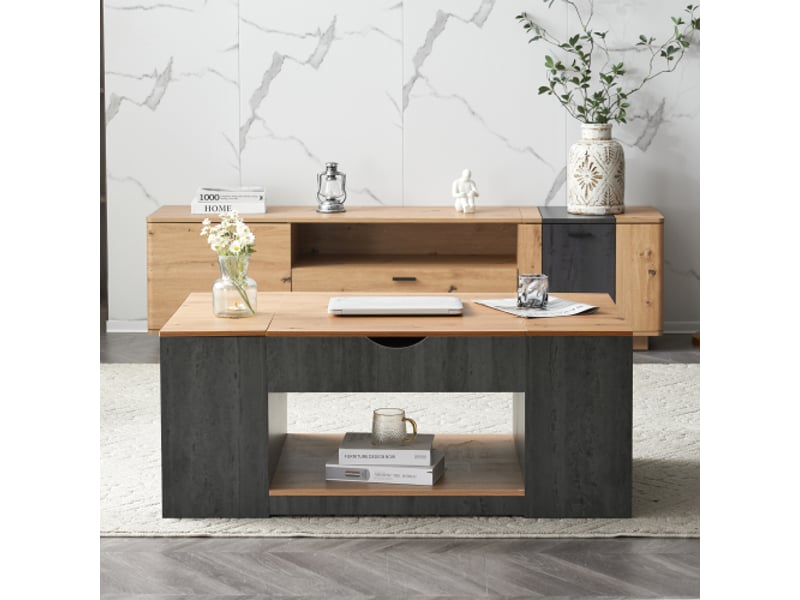  Table basse relevable rectangulaire gris+naturel - 59,7x109,5 cm mdf table basse noir - Conforama D