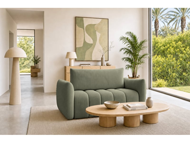  Moorea - canapé droit convertible petit velours côtelé 2 places vert  - Conforama B