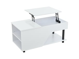 Table basse relevable 100x50 cm avec rangement caché et led, table de salon modulable en bois et métal, blanc brillant