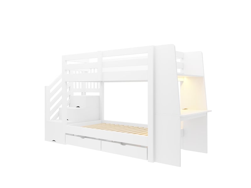  Lit superposé enfant 90x200 cm - bureau, led rgb, prise électrique et 2 tiroirs - pour chambre d’enfant - bois - blanc  - Conforama W