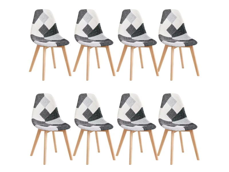  Lot de 8 chaises de salle à manger style patchwork en tissu avec structure en bois et métal, ergonomiques, gris multicolore  - Conforama A