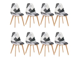 Lot de 8 chaises de salle à manger style patchwork en tissu avec structure en bois et métal, ergonomiques, gris multicolore