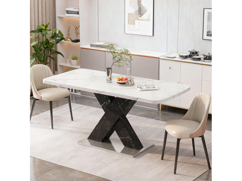 Table à manger extensible 120 à 160 cm, effet marbre blanc, piètement noir - Conforama E