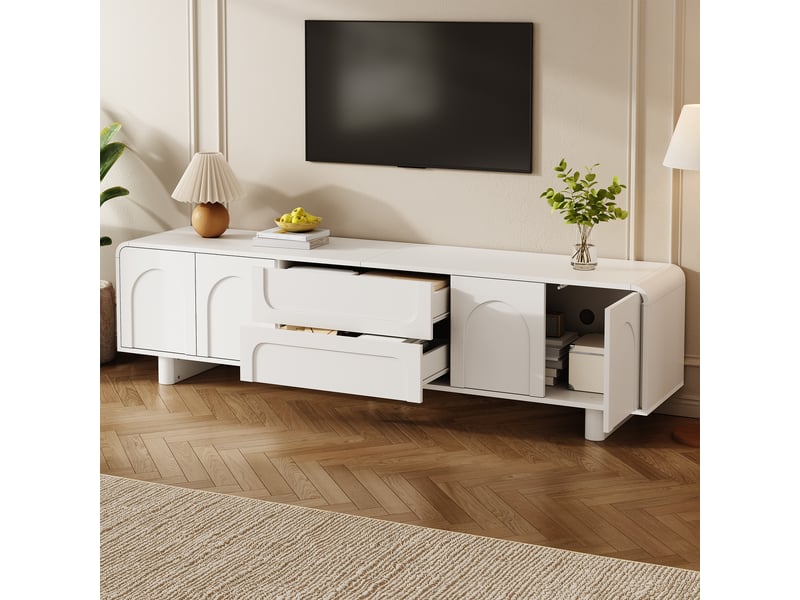  Meuble tv 180x40x46 cm - meuble bas aux lignes arrondies avec portes, tiroirs et espace de rangement, design moderne minimaliste  - Conforama E