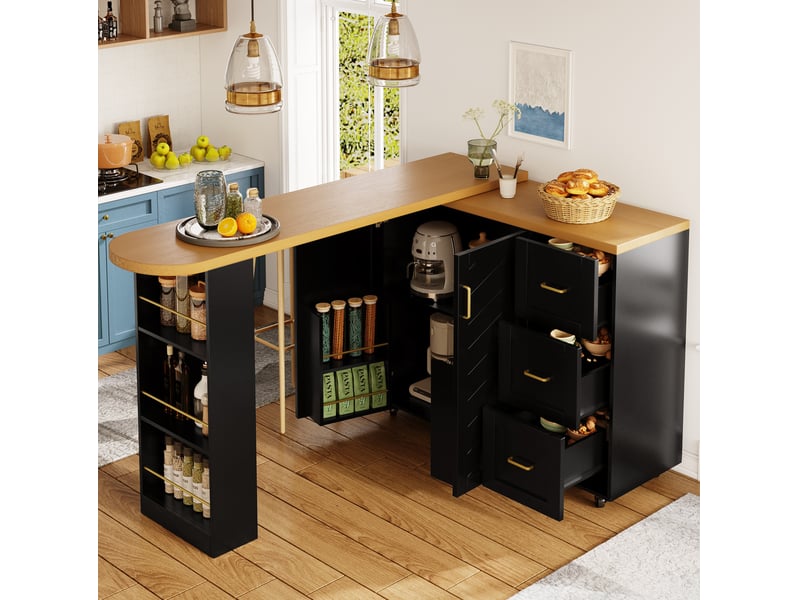  Desserte de bar extensible 135-228x39x104 cm à roulettes en mdf noir  - Conforama B