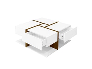 Table basse carrée 78x78x34,8 cm avec 4 tiroirs, blanc et bois
