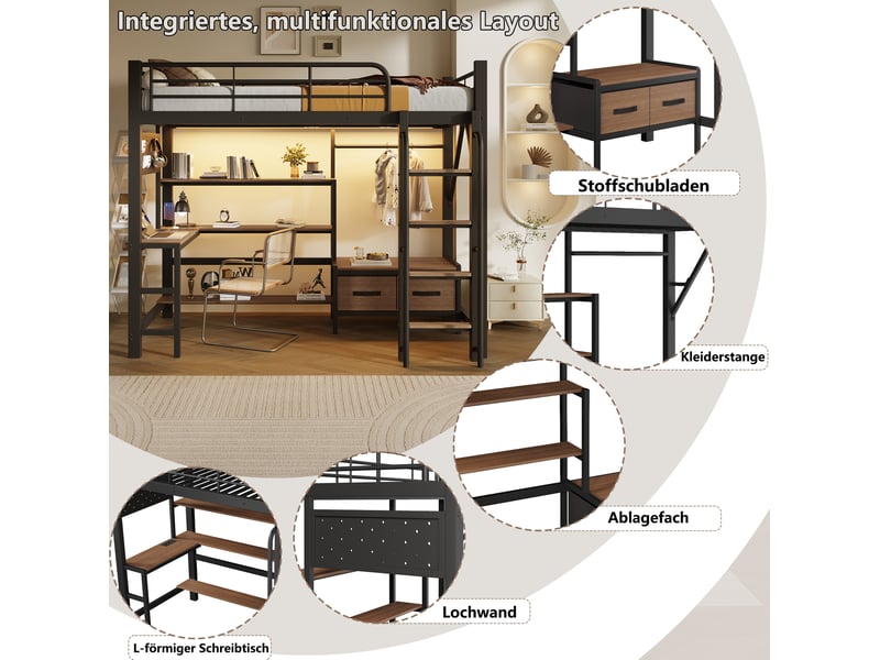  Lit mezzanine enfant 90 × 200 cm avec bureau, led, usb, étagères et tiroirs, sans matelas, métal et mdf noir  - Conforama E
