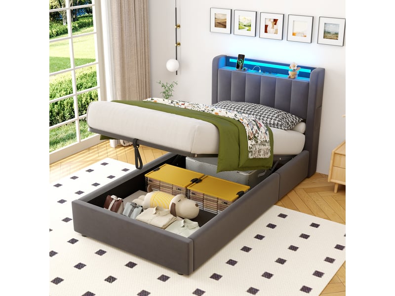  Lit coffre 90x190 cm velours gris foncé, tête de lit à ailes avec rangement, poches latérales, led, usb, ouverture hydraulique  - Conforama D