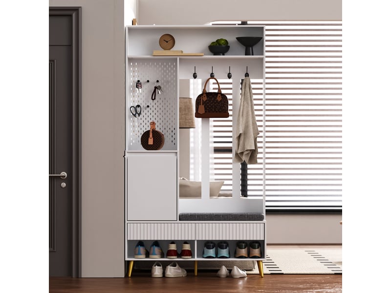  Porte-manteau, meuble d’entrée, vestiaire, portant, avec banc à chaussures, crochets, blanc-mdf RN Store - Conforama B