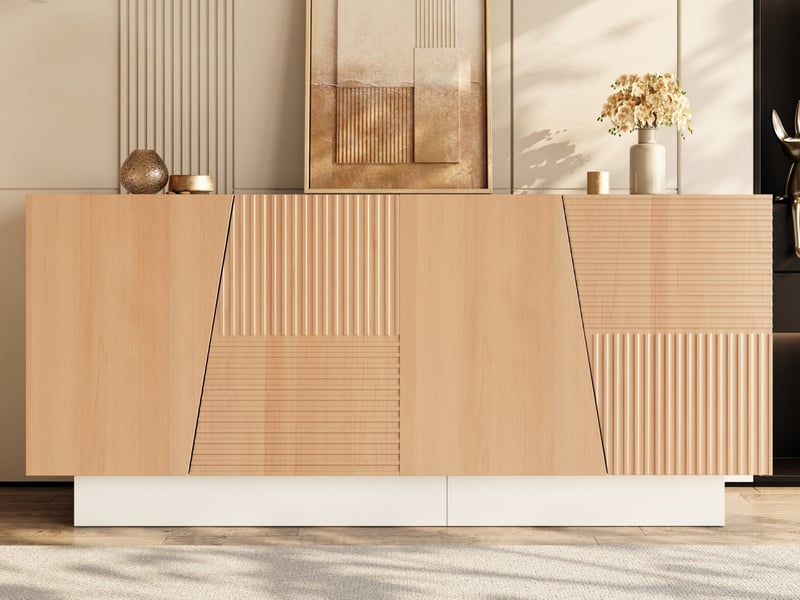  Meuble de salon, 160 x 40,5 x 72 cm, buffet avec 4 portes, structure à rainures géométriques et étagères réglables en hauteur  - Conforama B