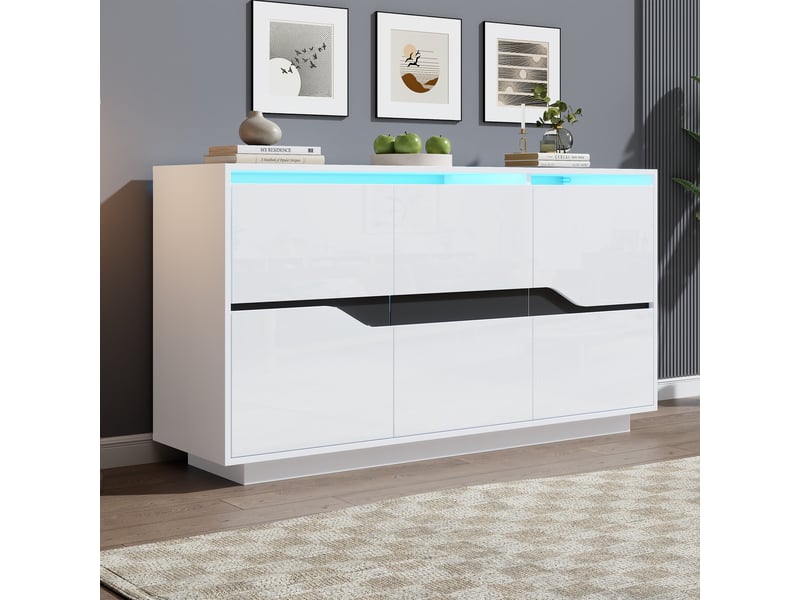  Buffet et enfilade 3 portes, 5 étagères réglables et led pour salon en aggloméré, 140×40×70 cm, blanc et noir  - Conforama B