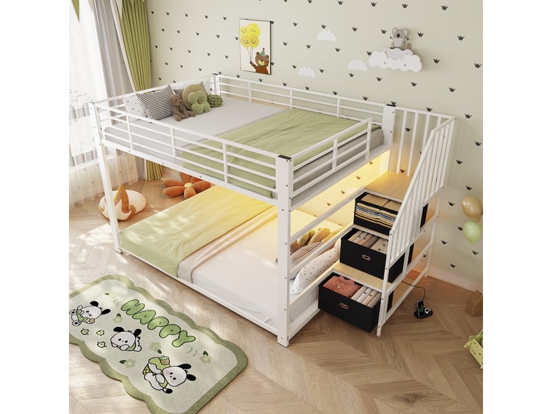 Lit superposé 140x200 cm - lit double en métal avec escalier de rangement, led et prises - blanc - Conforama C
