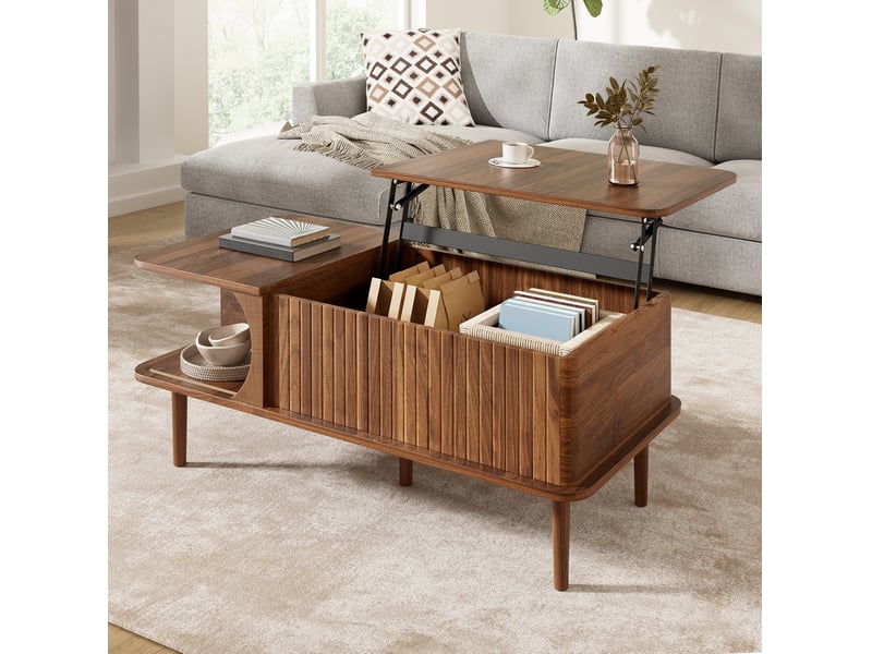  Table basse 100x48x55,5 cm, plateau escamotable, espace de rangement, style rétro, espace salon, salon, en mdf, noyer  - Conforama E
