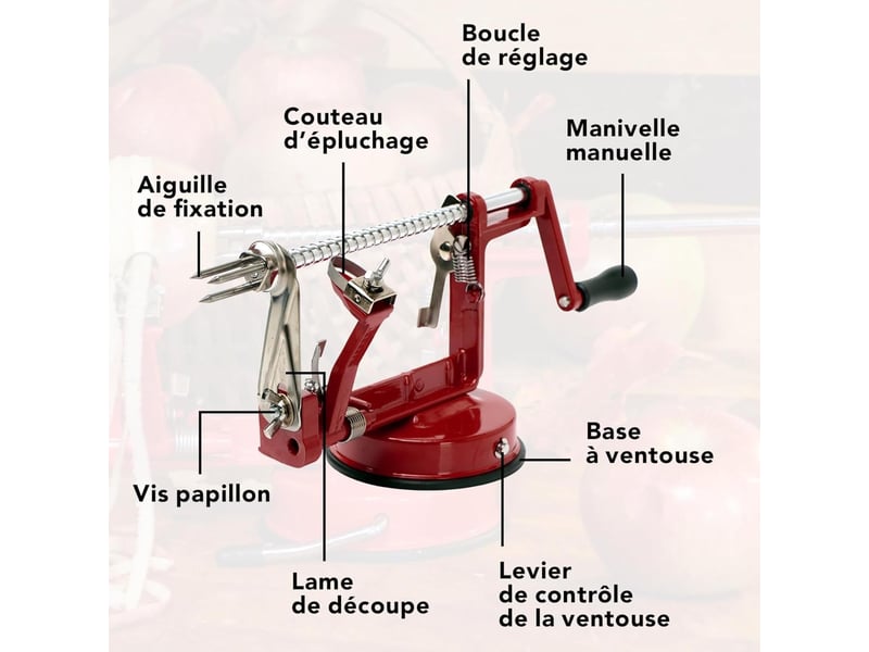  Éplucheur à pommes en métal, dimensions 25,5 x 14 x 11 cm, avec ventouse, manche fixe, idéal pour une utilisation facile et efficace en cuisine, vert  - Conforama C
