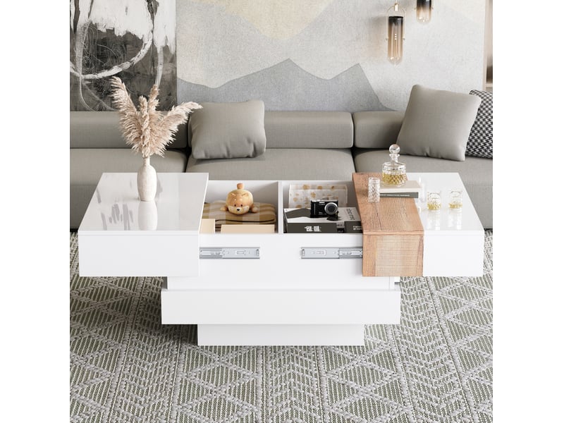  Table basse avec plateau extensible et 2 compartiments cachés, finition brillante, en panneaux de particules, blanc  - Conforama C