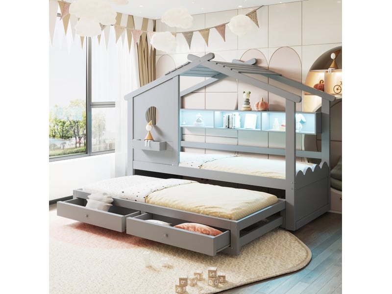 Lit gigogne cabane 90×200 cm avec tiroir de rangement, éclairage led et ports usb et type c, en bois gris - Conforama D