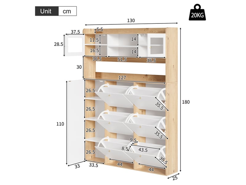  Meuble à chaussures avec led et vitrine – 130 x 25 x 180 cm – 6 abattants modulables et 1 porte verre – mdf - blanc et naturel  - Conforama C