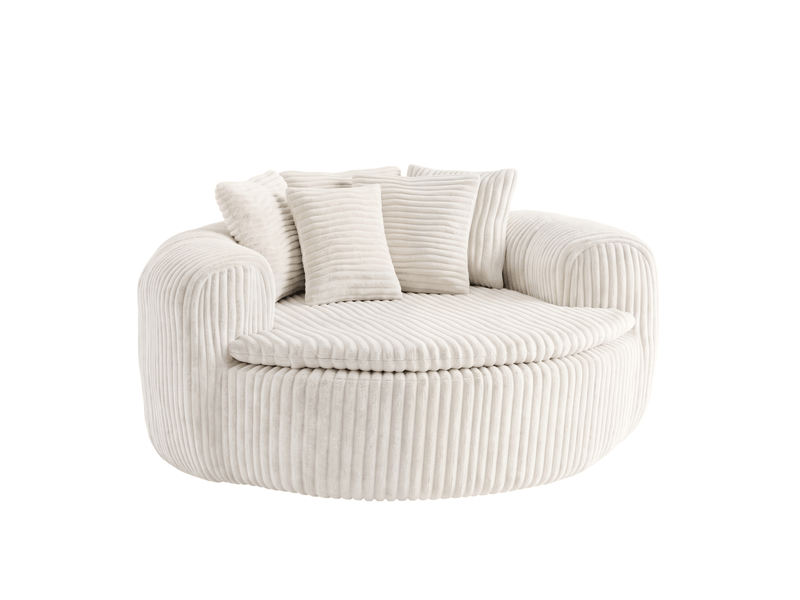 Fauteuil lounge 1 places en velours côtelé beige, assise profonde 89×90 cm, 5 coussins, sans montage, design arrondi  - Conforama A