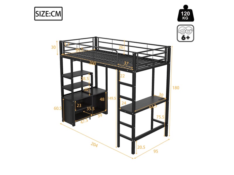  Lit mezzanine enfant 90 x 200 cm noir avec bureau, rangements, prise et usb  - Conforama E