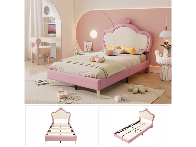  Lit enfant 90x200 capitonné en similicuir avec couronne - bords souples et pieds en métal  - Conforama E