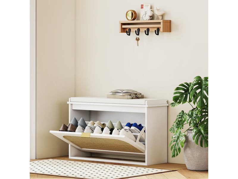  Banc à chaussures, banc de rangement, assise rembourrée, tiroir rabattable, porte en rotin, 80 x 26 x 47,5 cm, blanc  - Conforama C