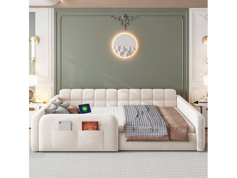  Lit enfant 140x200 cm avec tiroir, veilleuse et usb, en velours beige, sans matelas  - Conforama B