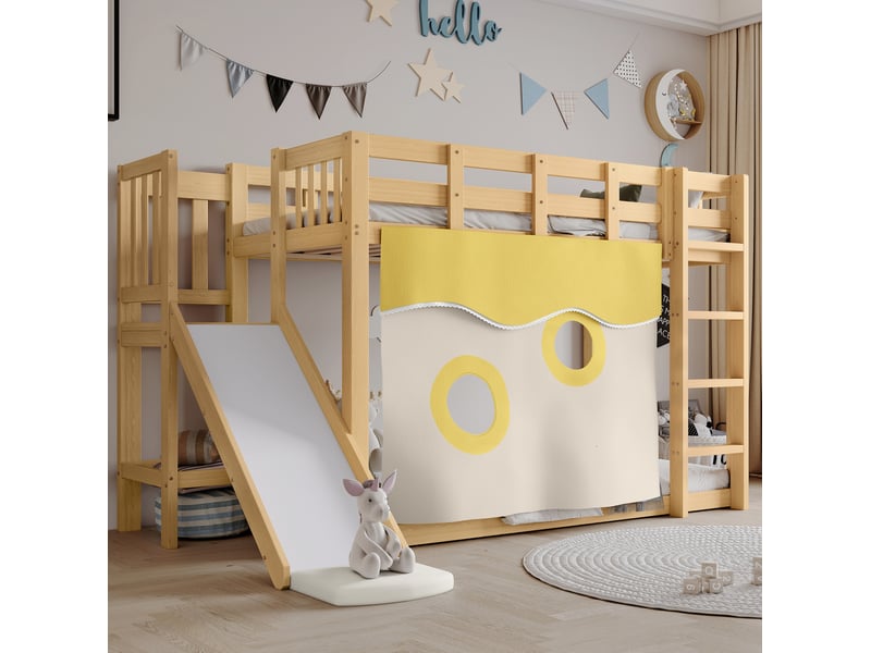 Lit superposé enfant avec toboggan et rideaux naturel 90 x 200 cm - Conforama B