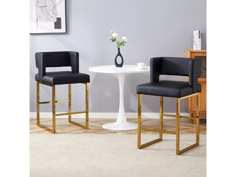  Lot de 2 tabourets de bar 53x48x91 cm, chaises hautes avec assise carrée, meuble cuisine, pieds en métal doré, pu noir  - Conforama W
