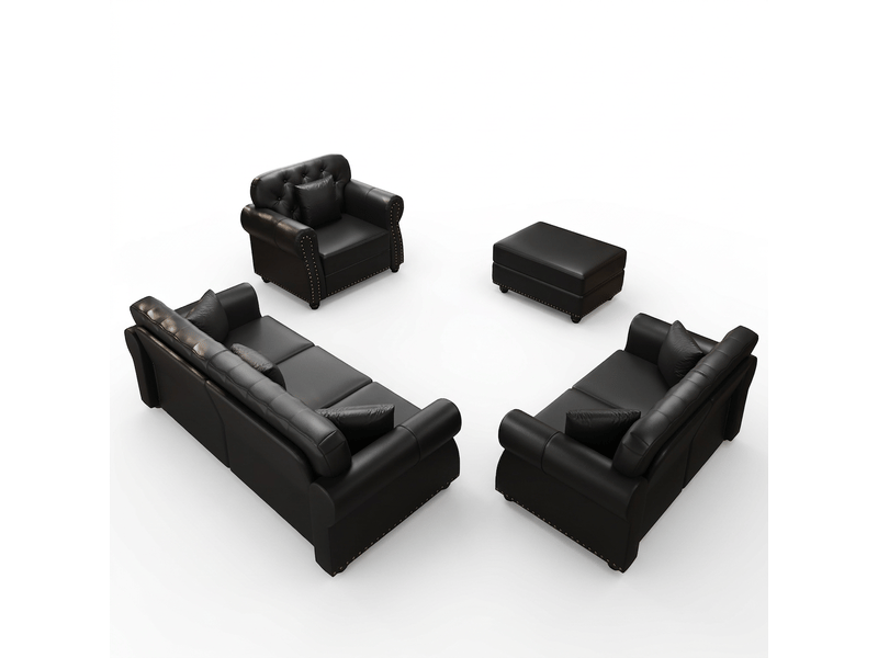  Salon chesterfield 6 places avec pouf en simili cuir noir, 210 cm Fay Lum - Conforama A