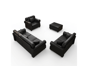 Salon chesterfield 6 places avec pouf en simili cuir noir, 210 cm