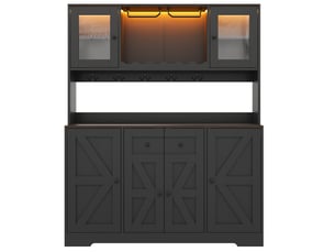 Armoire de cuisine 140x40x173cm avec portes en verre acrylique, led, prises, casier à bouteilles et porte-verres, noir
