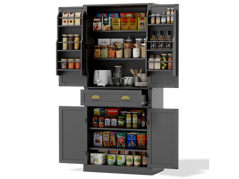  Buffet haut noir 80 × 40 × 182 cm, 4 portes, 1 tiroir, étagères réglables, dispositif anti-basculement  - Conforama A