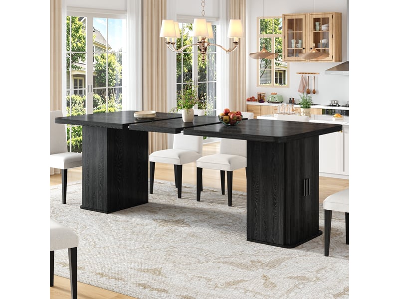 Table à manger extensible 140x80 cm jusqu' à 180x80 cm, rallonge intégrée, rangements latéraux avec etagéres, piètement métallique, mdf+metal, noir Morn Vibe - Conforama B
