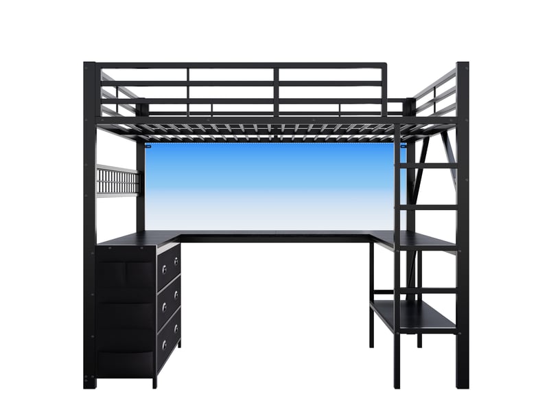  Lit mezzanine gaming 140x200cm en métal avec bureau en u,éclairage led,panneau perforé,6 tiroirs,lit superposé avec penderie,sans matelas,noir  - Conforama E
