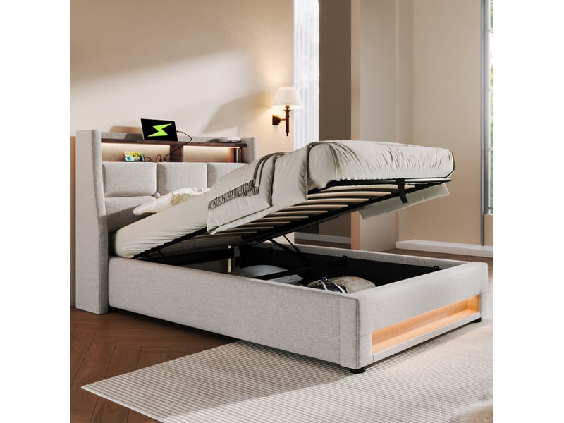  Lit coffre 90x200 cm, rangement hydraulique, éclairage led, usb, sommier à lattes, style vintage, gain de place pour chambre - beige  - Conforama B
