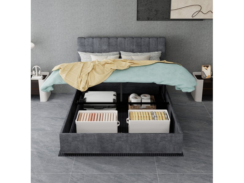  Lit coffre ulevr 140x200 cm avec tête de lit capitonnée, rangement relevable, matelas inclus, velours gris, structure métal  - Conforama E