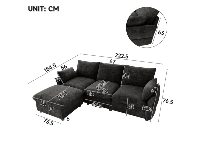  Canapé d'angle 3 places 222,5x154,5x76,5 cm avec pouf en chenille gris foncé  - Conforama C