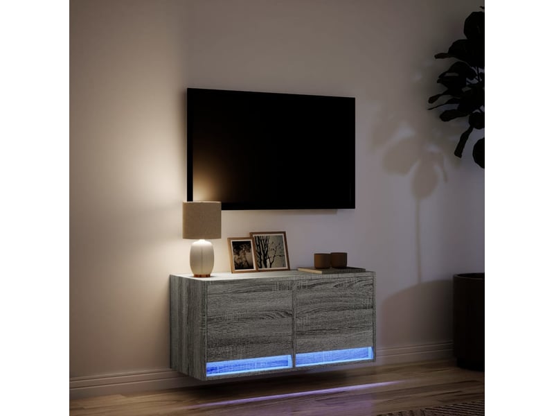  Meuble tv - banc tv - meuble de rangement mural avec lumières led sonoma gris 80x31x35 cm  - Conforama E