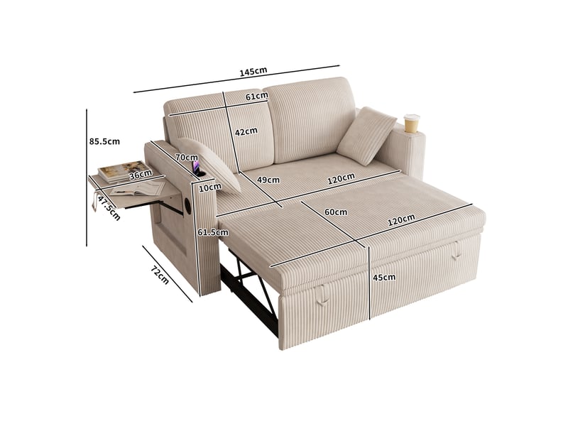  Canapé-lit convertible 3 en 1, 2 places, couchage 2 places, 145x130x85,5 cm, dossier réglable 5 positions, ports usb et type-c, velours côtelé blanc  - Conforama D