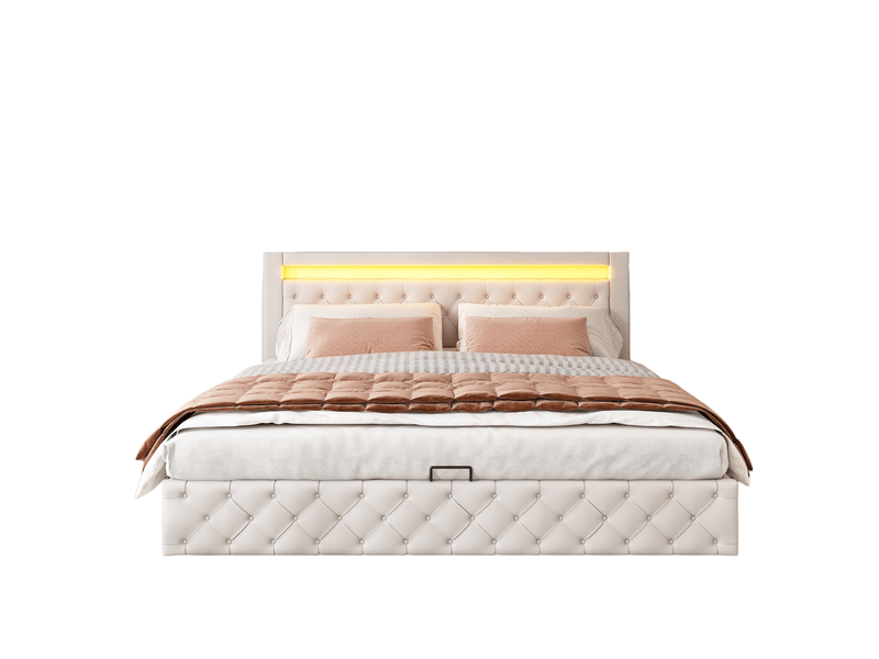  Lit double 180x200 cm avec rangement hydraulique et éclairage led réglable, tête de lit rembourrée, sommier à lattes, revêtement pu blanc  - Conforama A