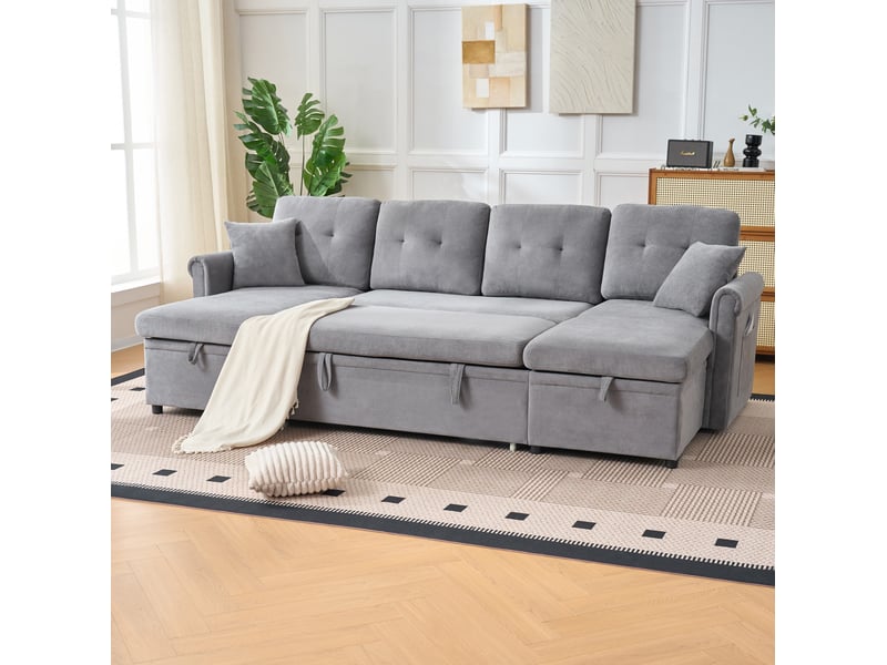  Canapé d’angle en u convertible 4 places, rangement, chenille gris, assise profonde  - Conforama E