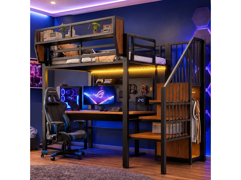  Lit mezzanine 90x200 cm avec rangement et étagère - lit 1 place avec led et échelle de sécurité - métal noir  - Conforama R